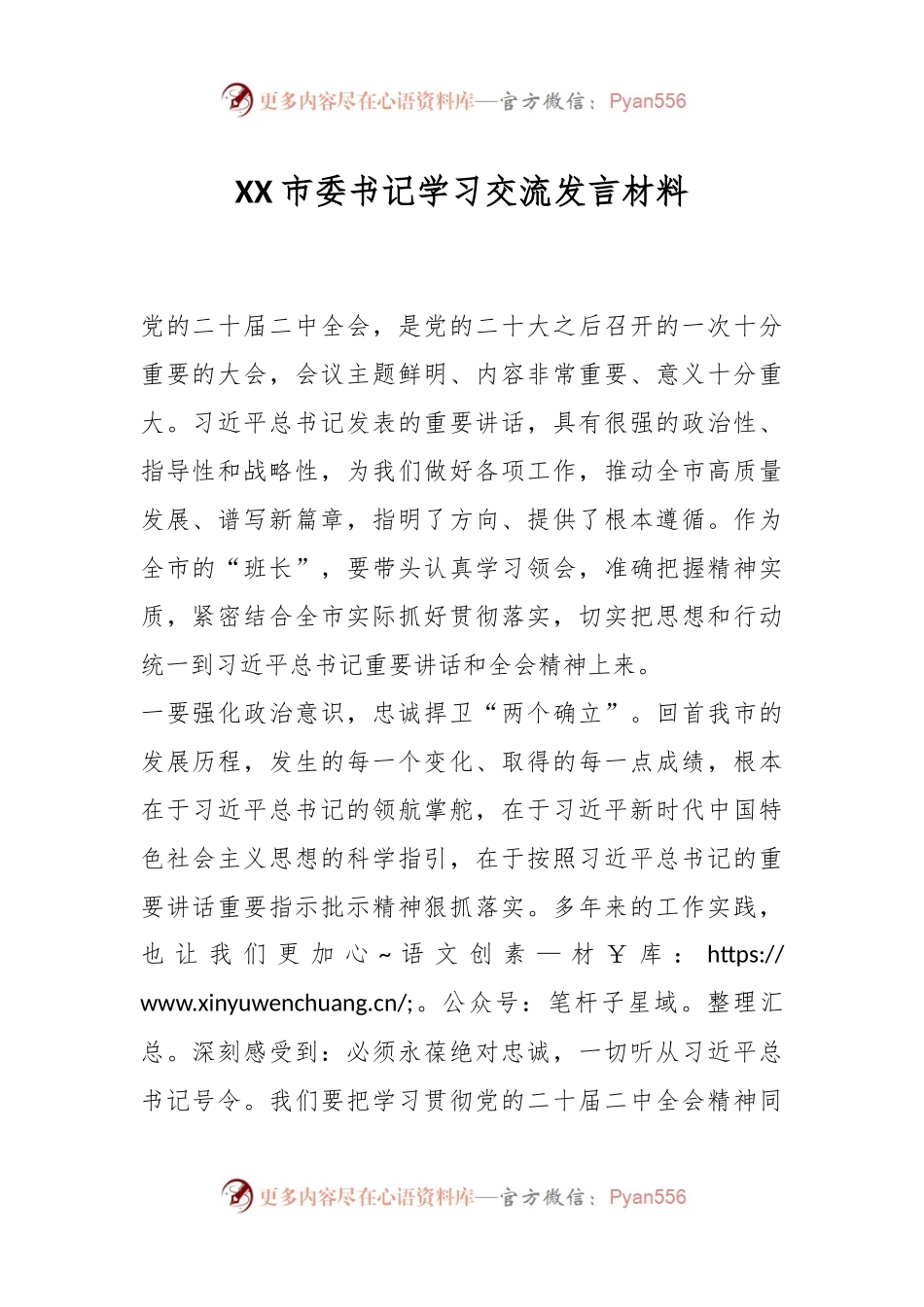 XX市委书记学习交流发言材料.docx_第1页