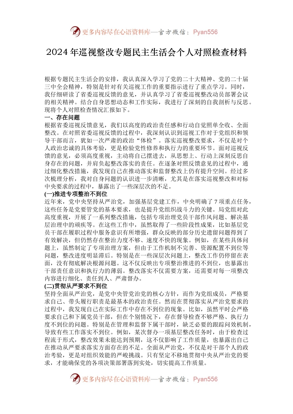 2024年巡视整改专题民主生活会个人对照检查材料.docx_第1页