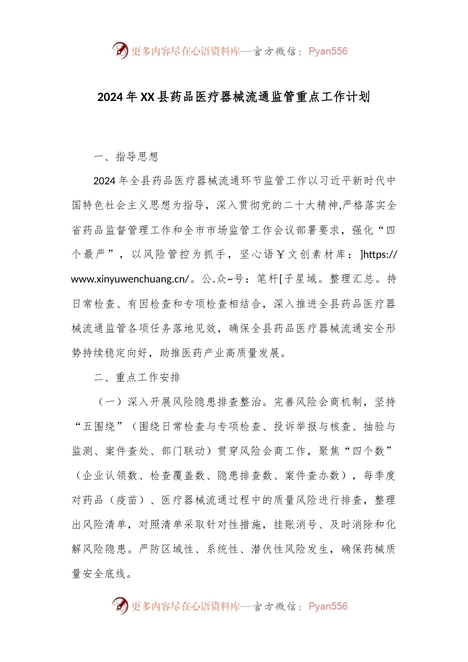 2024年XX县药品医疗器械流通监管重点工作计划.docx_第1页
