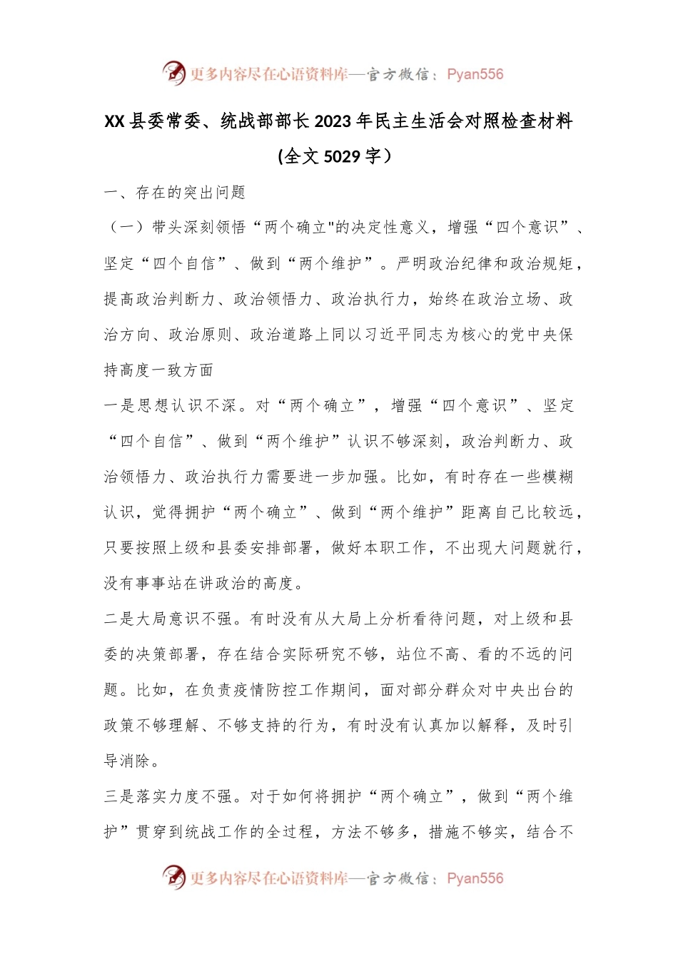 XX县委常委、统战部部长2023年民主生活会对照检查材料(全文5029字）.docx_第1页