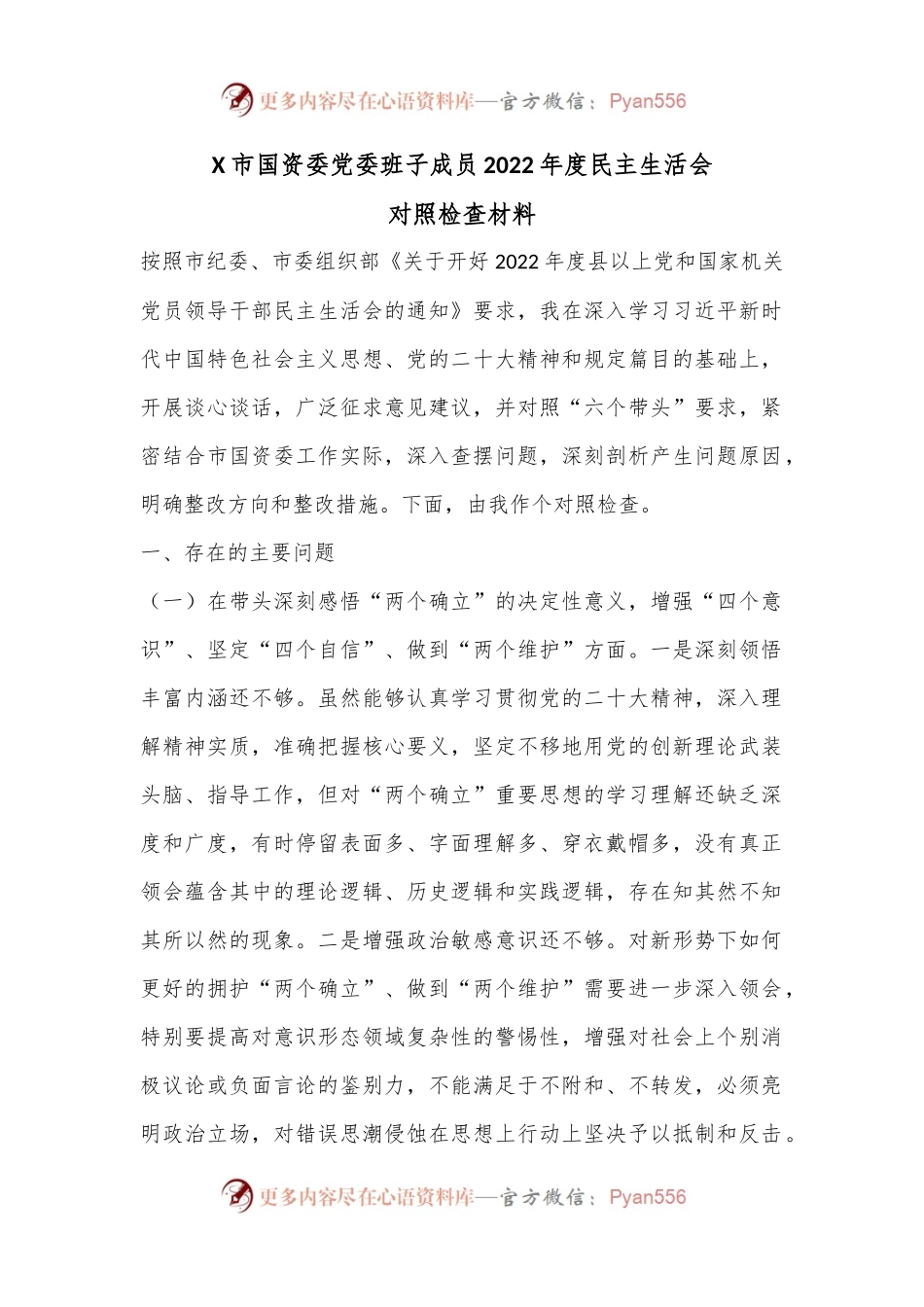 X市国资委党委班子成员2022年度民主生活会对照检查材料.docx_第1页