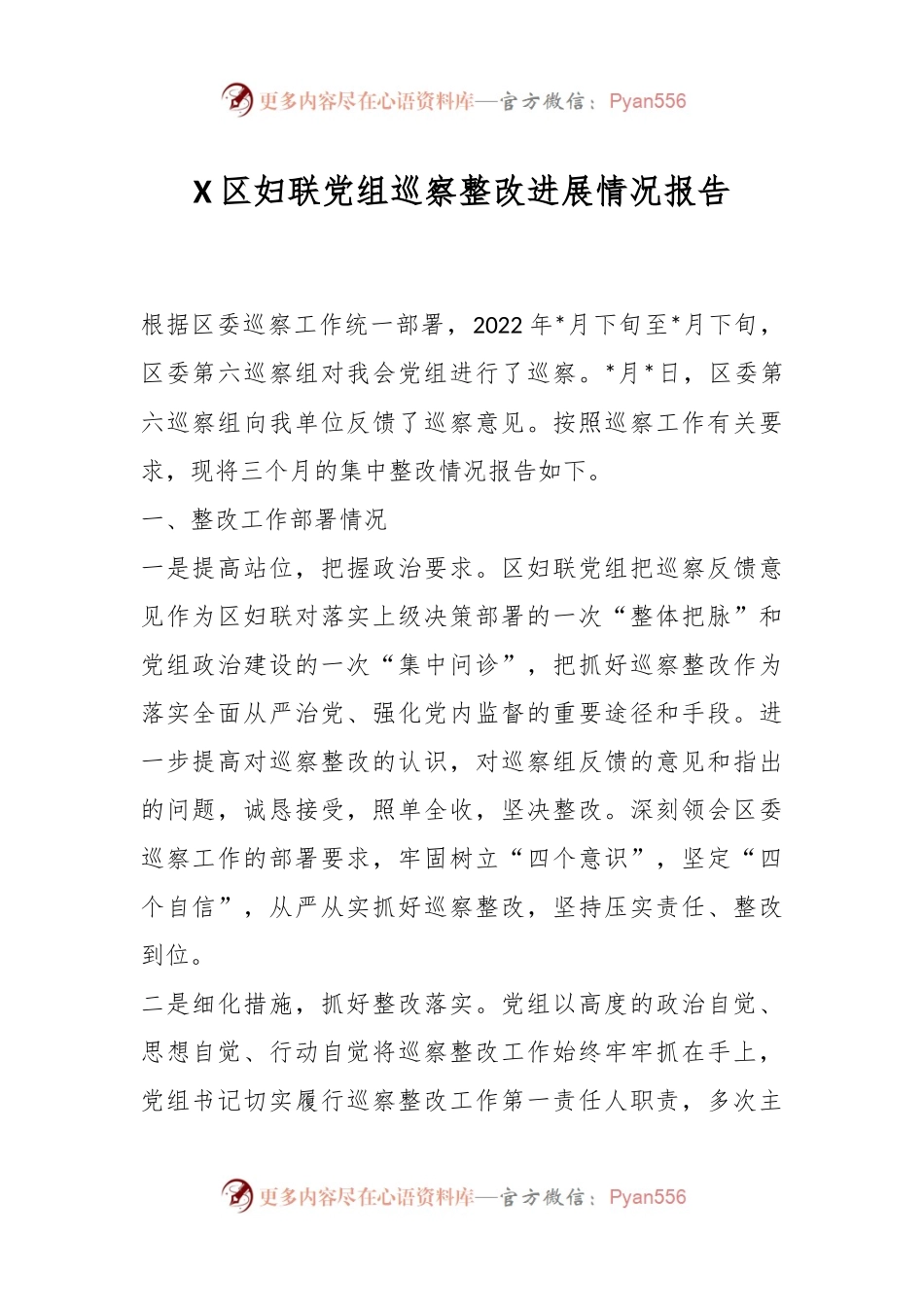 X区妇联党组巡察整改进展情况报告.docx_第1页