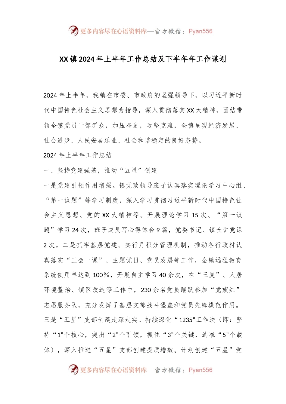 XX镇2024年上半年工作总结及下半年年工作谋划.docx_第1页