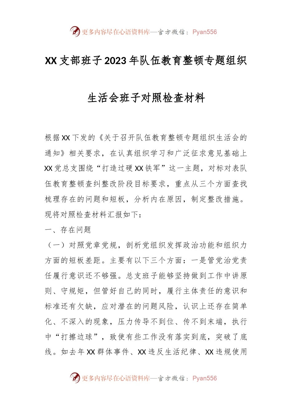 XX支部班子2023年队伍教育整顿专题组织生活会班子对照检查材料.docx_第1页