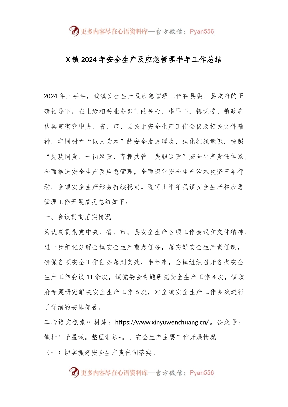 X镇2024年安全生产及应急管理半年工作总结.docx_第1页