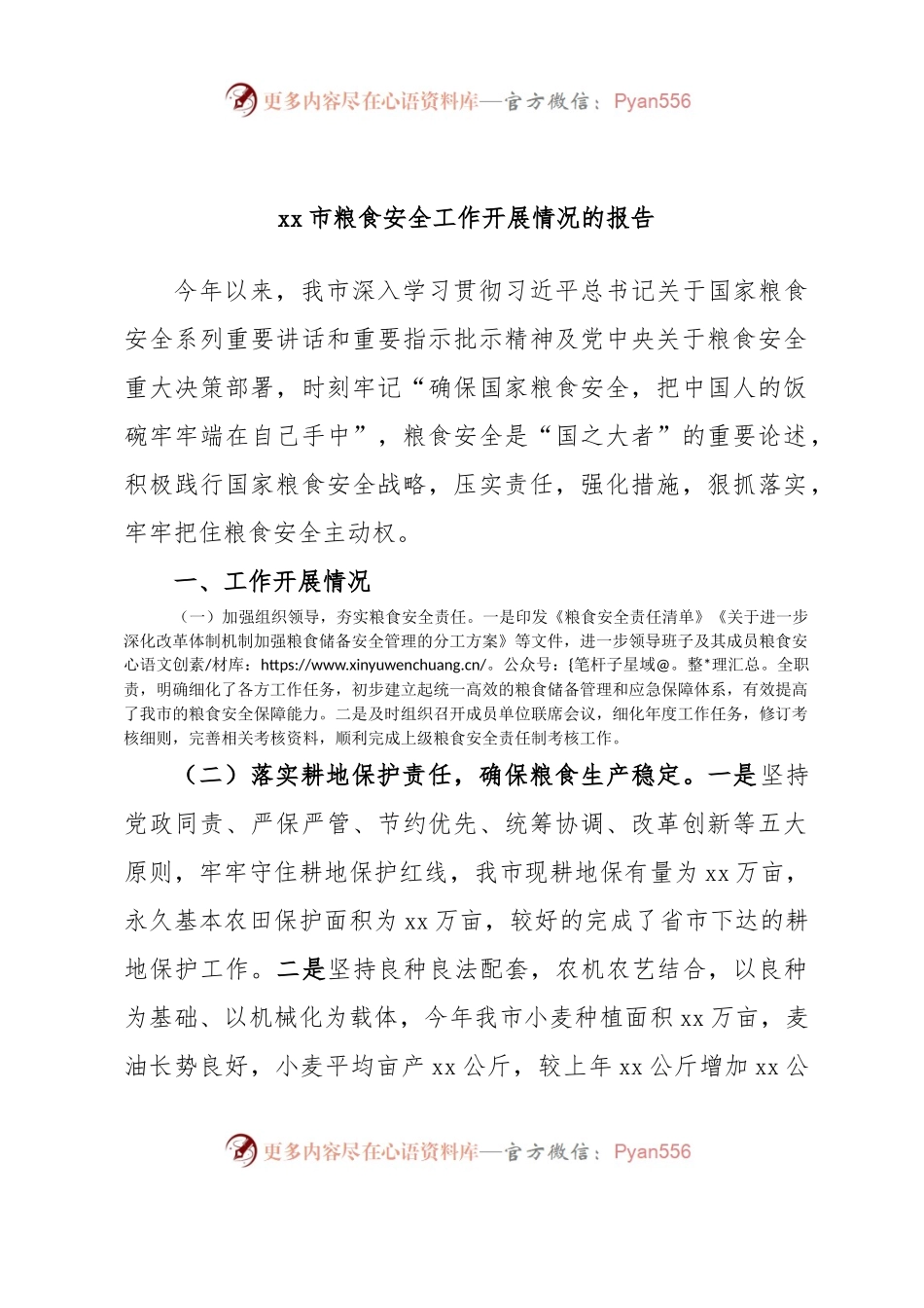 xx市粮食安全工作开展情况的报告.docx_第1页