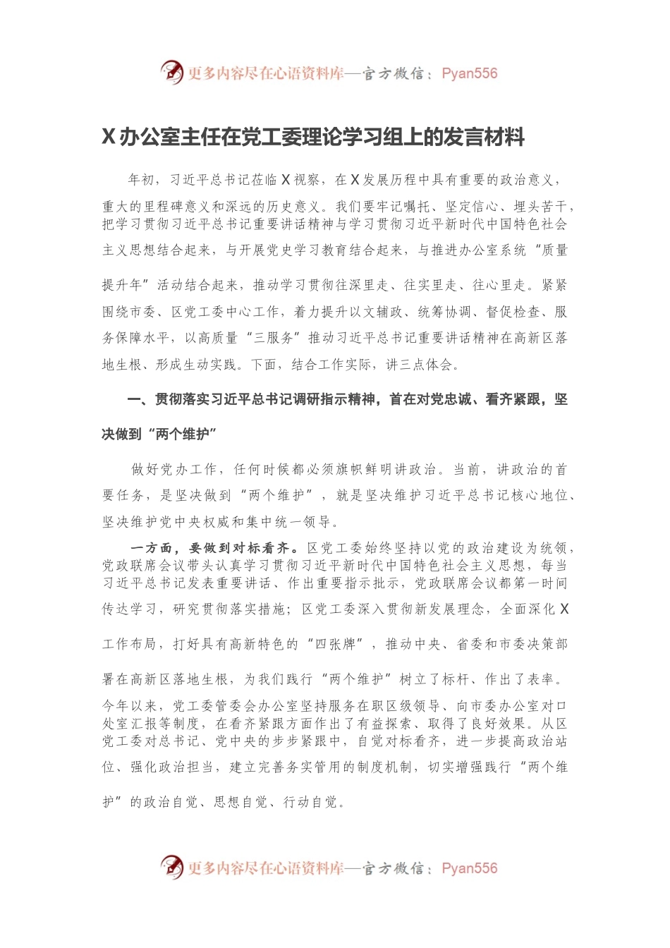 X办公室主任在党工委理论学习组上的发言材料.docx_第1页
