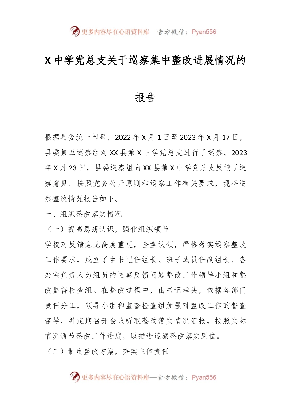 X中学党总支关于巡察集中整改进展情况的报告.docx_第1页