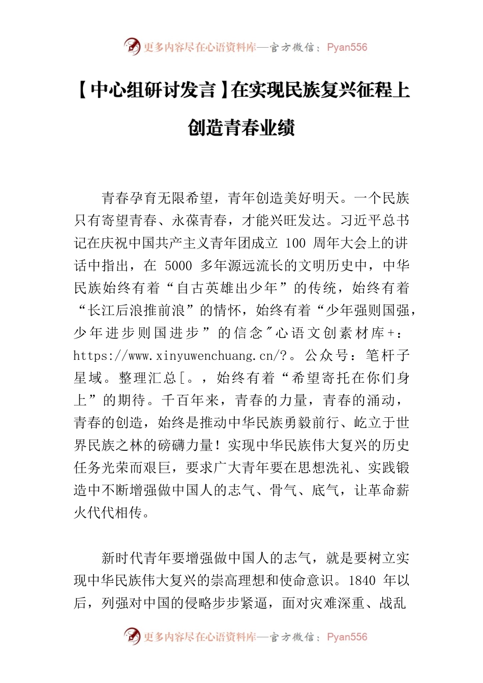 【中心组研讨发言】在实现民族复兴征程上创造青春业绩.docx_第1页