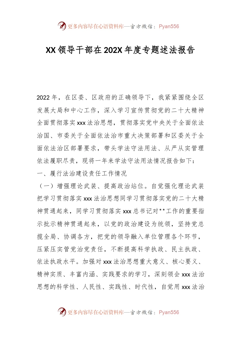 XX领导干部在202X年度专题述法报告.docx_第1页
