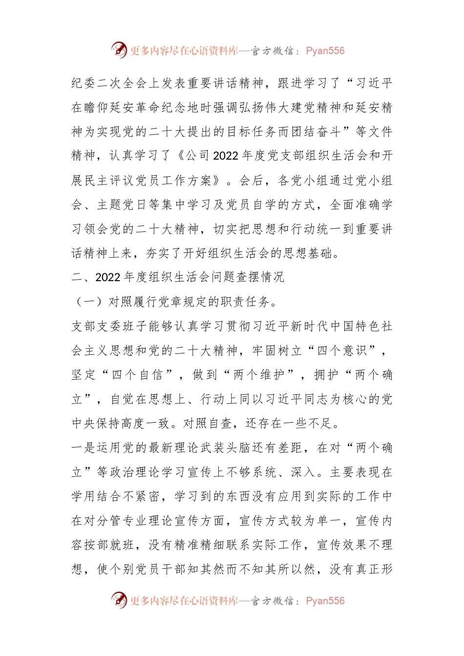 X公司党支部班子年度组织生活会对照检查材料.docx_第2页
