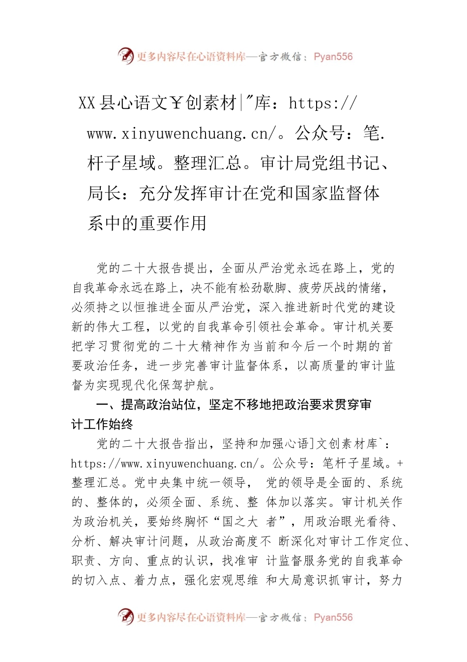 X县审计局党组书记、局长：充分发挥审计在党和国家监督体系中的重要作用(20221121).docx_第1页