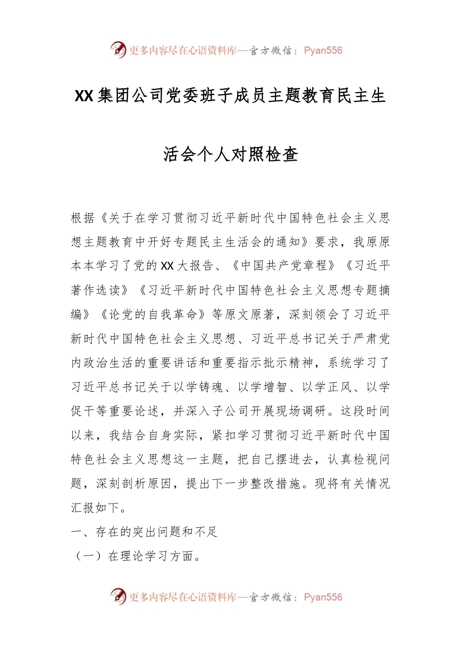 XX集团公司党委班子成员主题教育民主生活会个人对照检查.docx_第1页