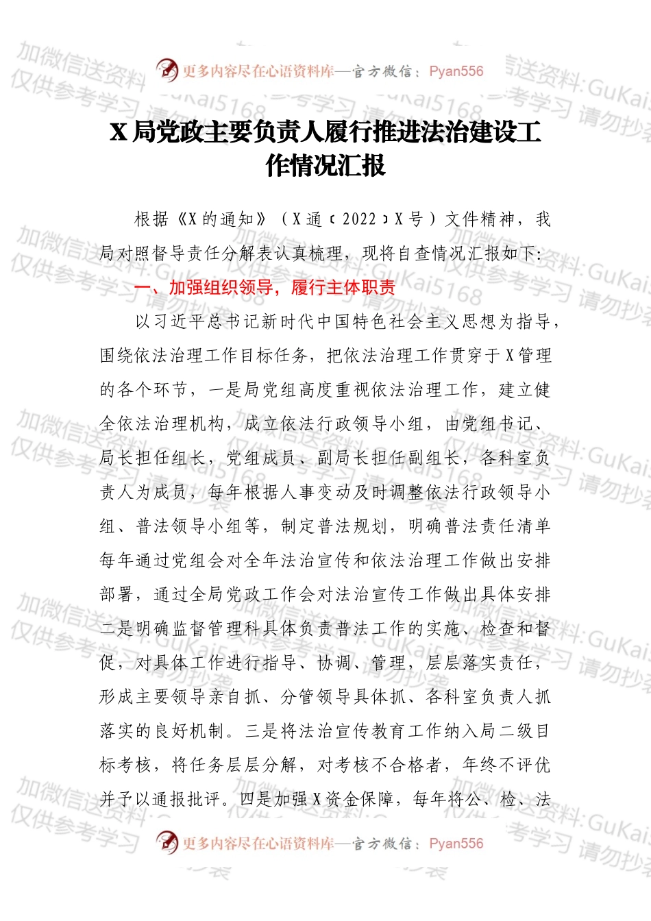 X局党政主要负责人履行推进法治建设工作情况汇报.docx_第1页