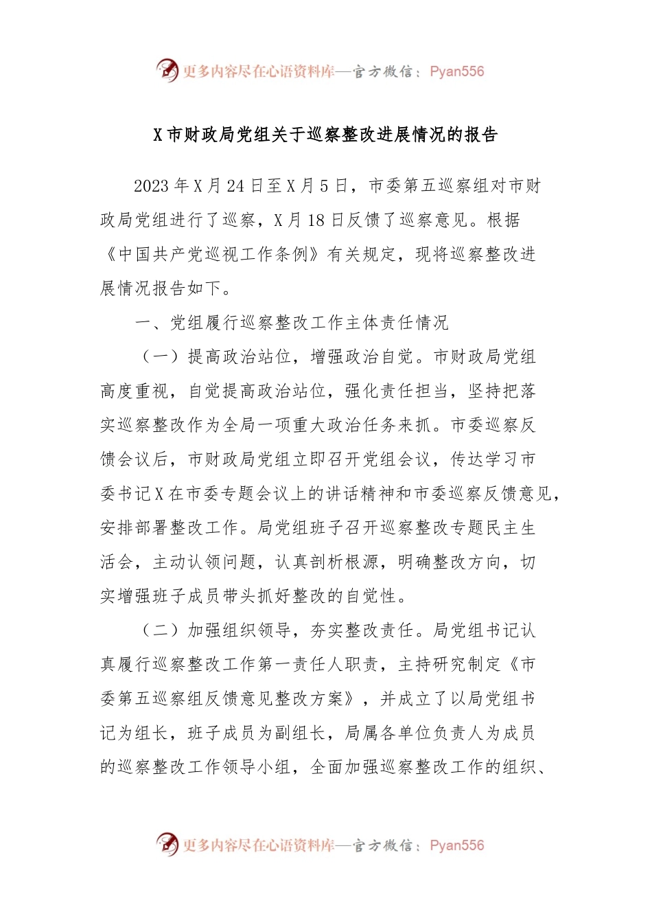 X市财政局党组关于巡察整改进展情况的报告.docx_第1页