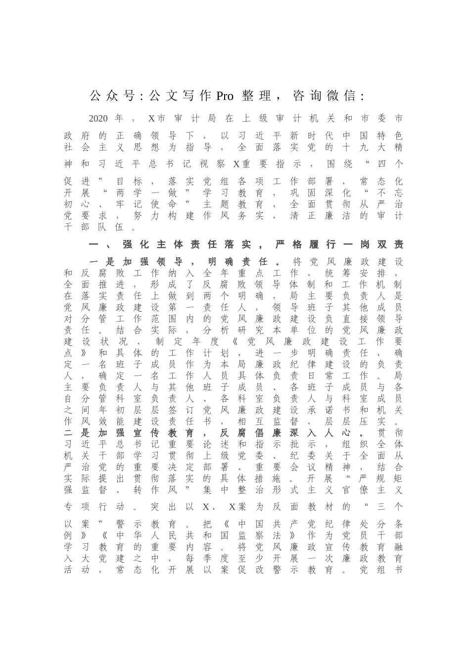 X市审计局2020年度落实全面从严治党主体责任工作总结及2021年工作思路.docx_第1页