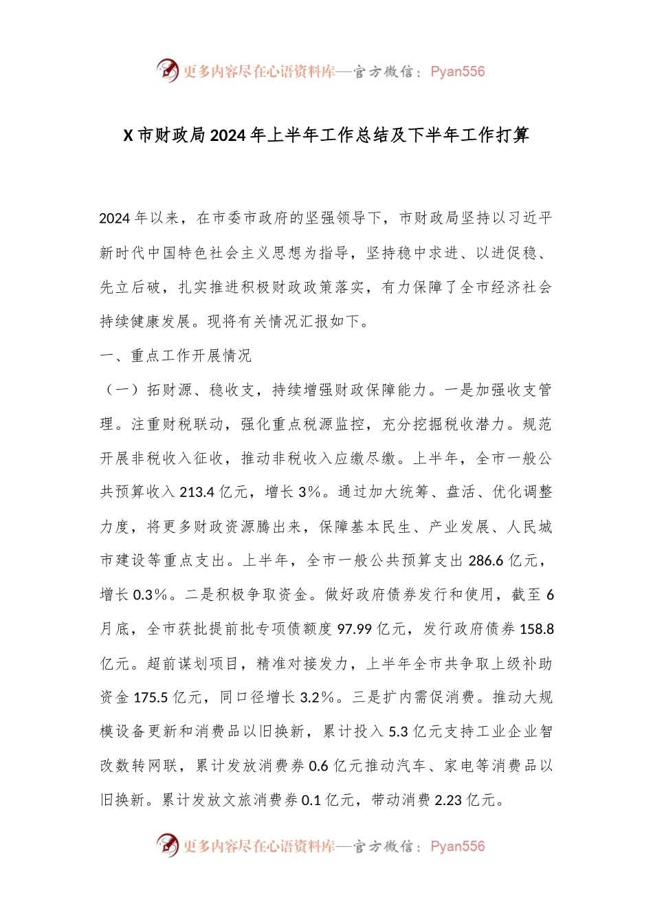 X市财政局2024年上半年工作总结及下半年工作打算.docx_第1页
