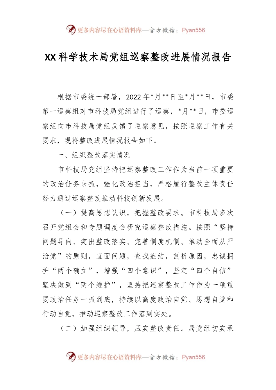 XX科学技术局党组巡察整改进展情况报告.docx_第1页