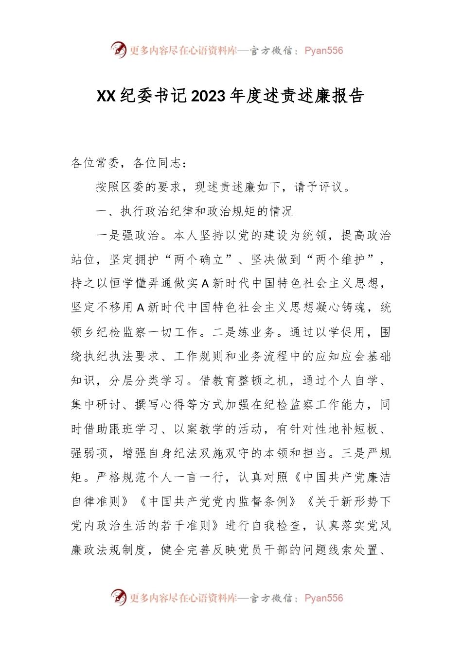 XX纪委书记2023年度述责述廉报告.docx_第1页
