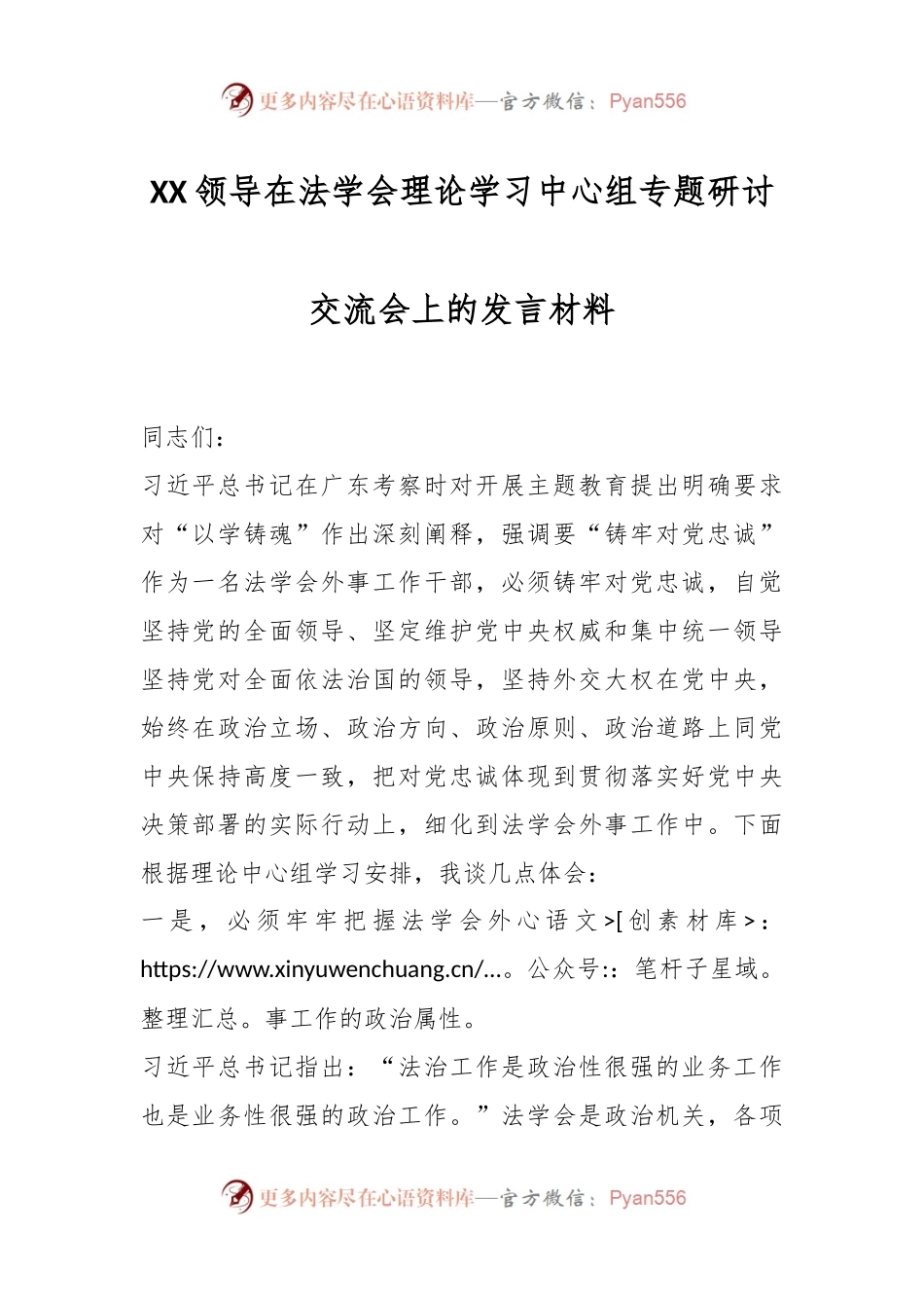 XX领导在法学会理论学习中心组专题研讨交流会上的发言材料.docx_第1页