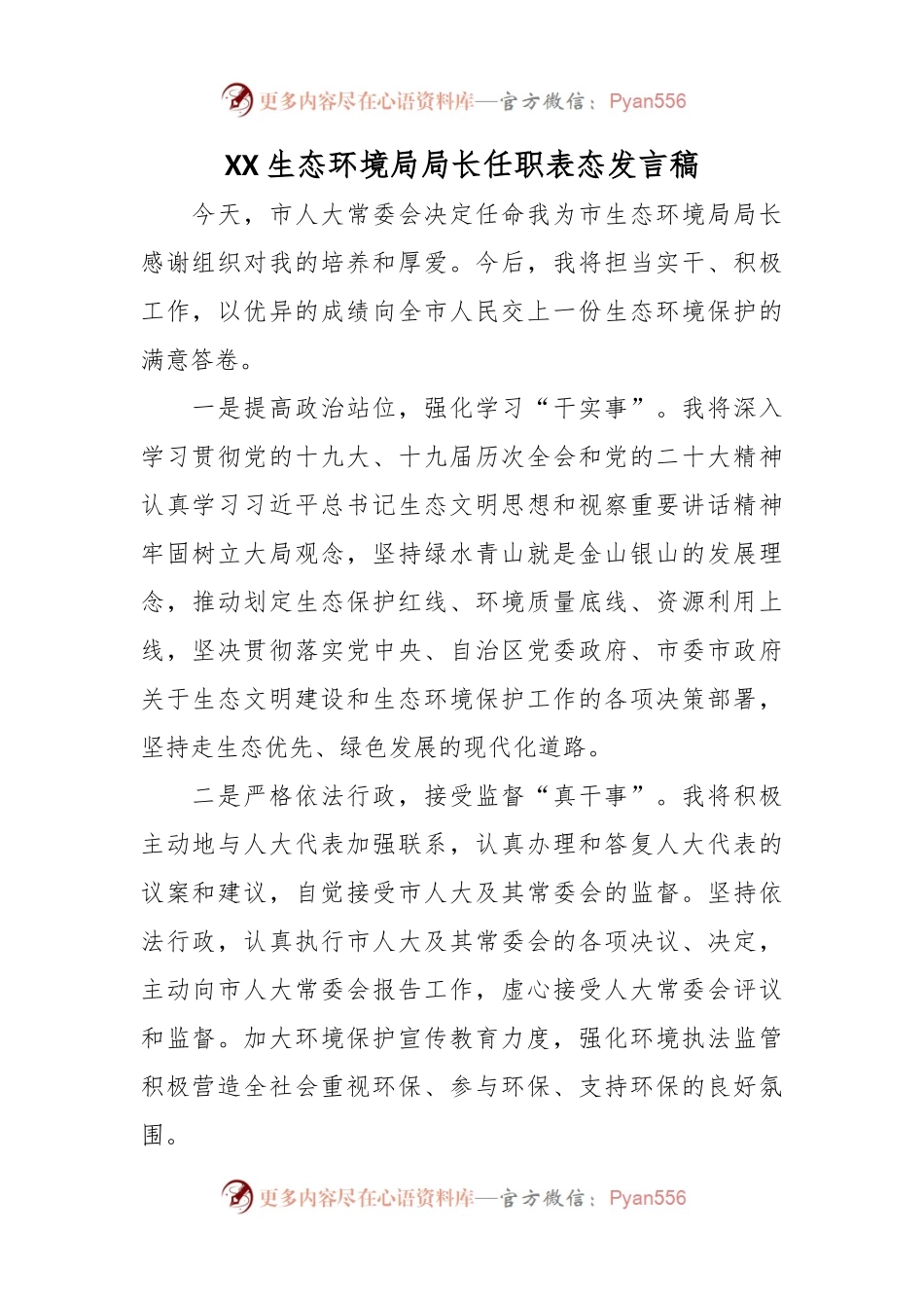 XX生态环境局局长任职表态发言稿.docx_第1页