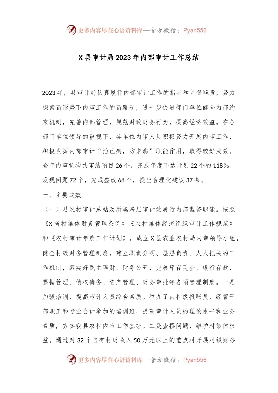 X县审计局2023年内部审计工作总结.docx_第1页