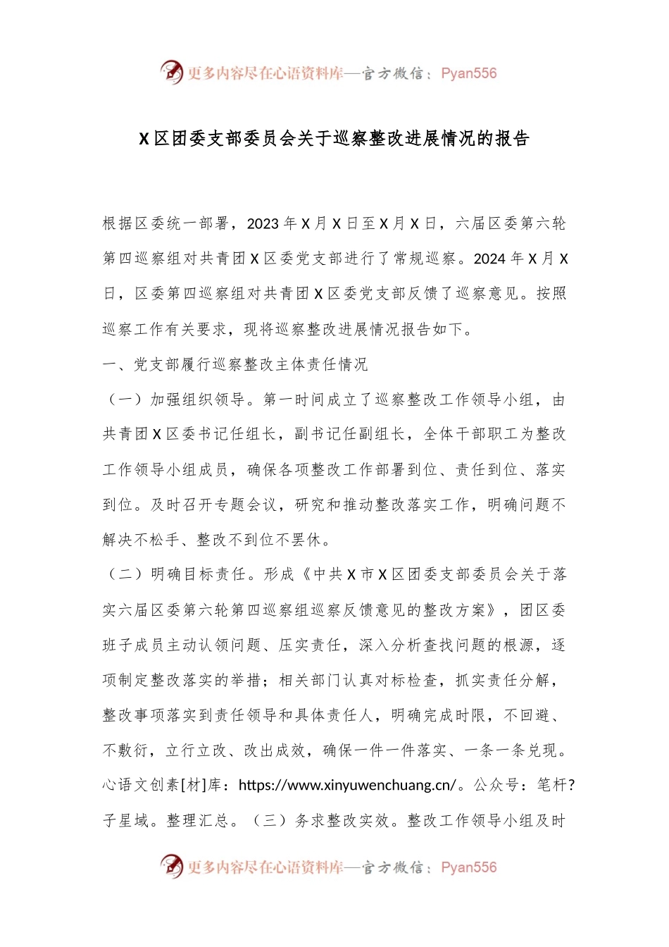 X区团委支部委员会关于巡察整改进展情况的报告.docx_第1页