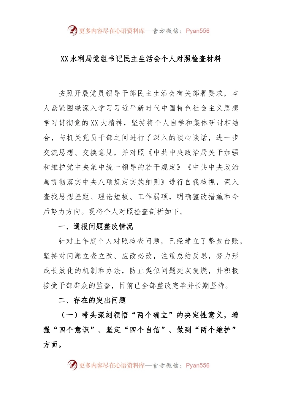 XX水利局党组书记民主生活会个人对照检查材料.docx_第1页