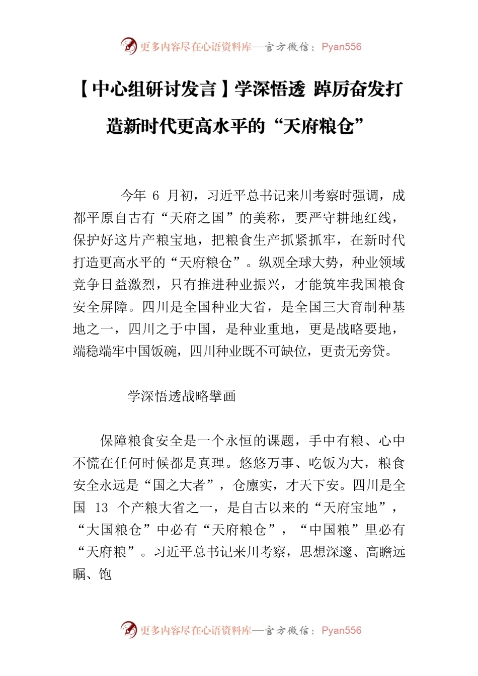 【中心组研讨发言】学深悟透 踔厉奋发打造新时代更高水平的“天府粮仓”.docx_第1页