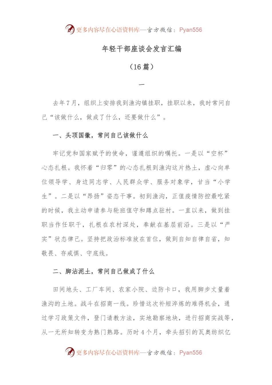 [16篇]年轻干部座谈会发言汇编.docx_第1页