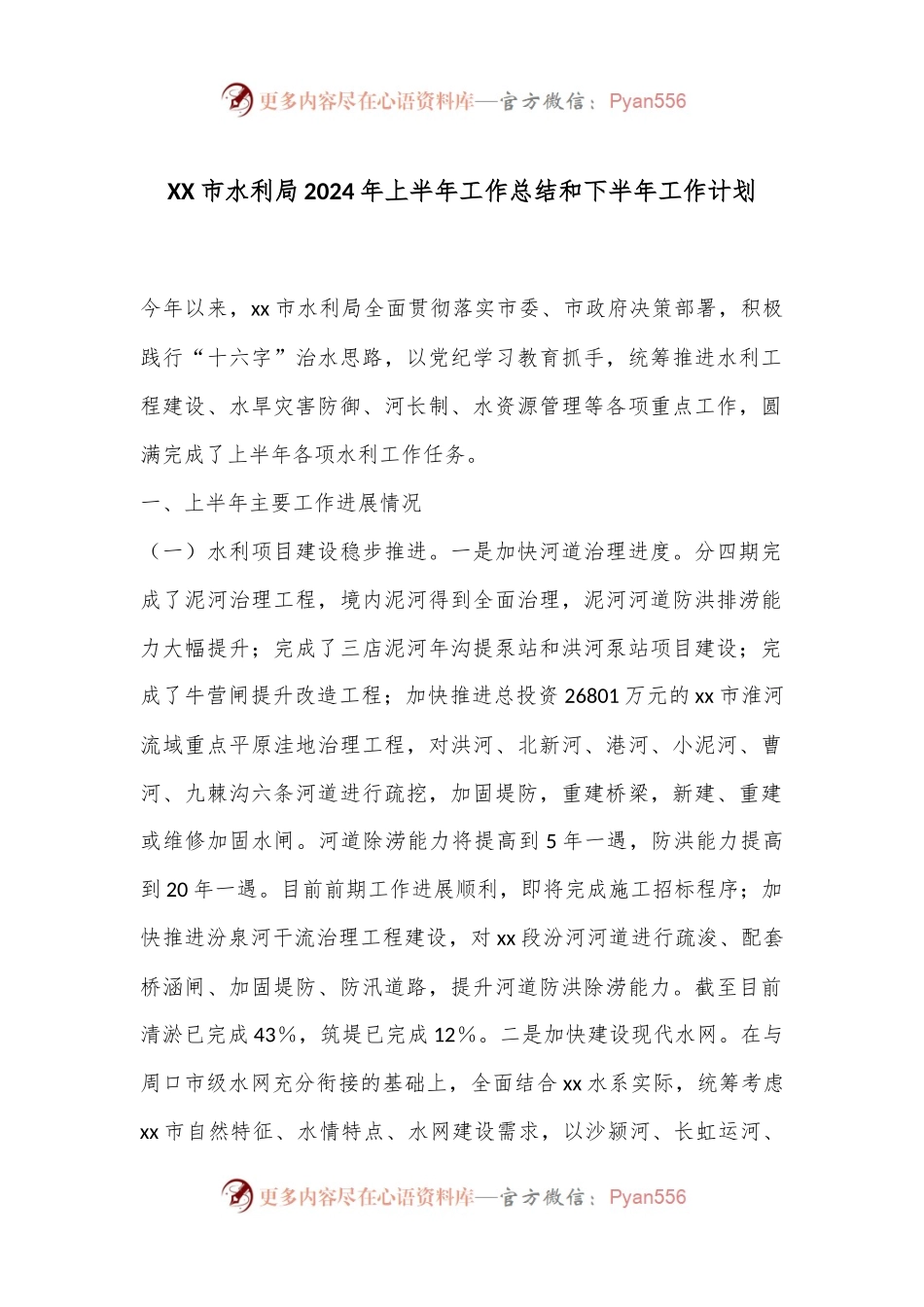 XX市水利局2024年上半年工作总结和下半年工作计划.docx_第1页