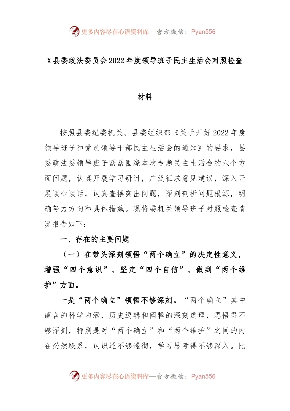 X县委政法委员会2022年度领导班子民主生活会对照检查材料.docx_第1页