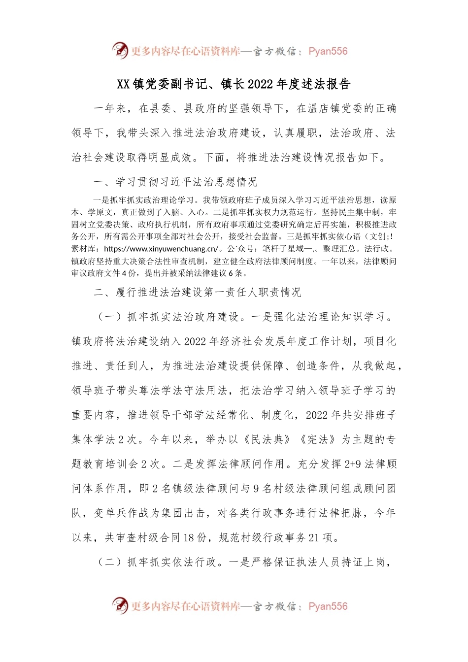 XX镇党委副书记、镇长2022年度述法报告.docx_第1页