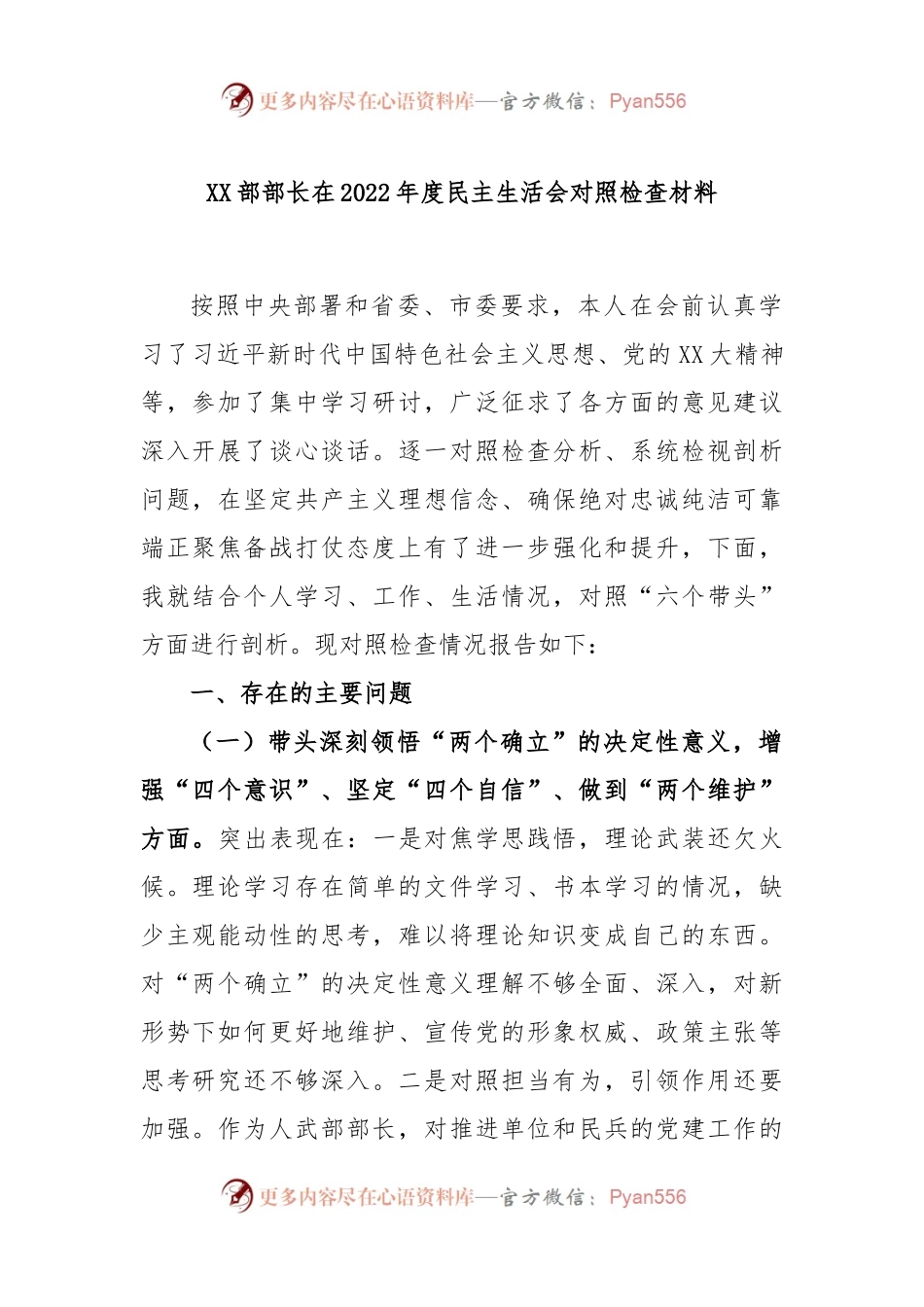XX部部长在2022年度民主生活会对照检查材料.docx_第1页