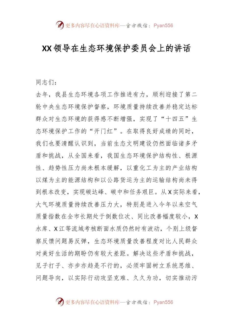 XX领导在生态环境保护委员会上的讲话.docx_第1页
