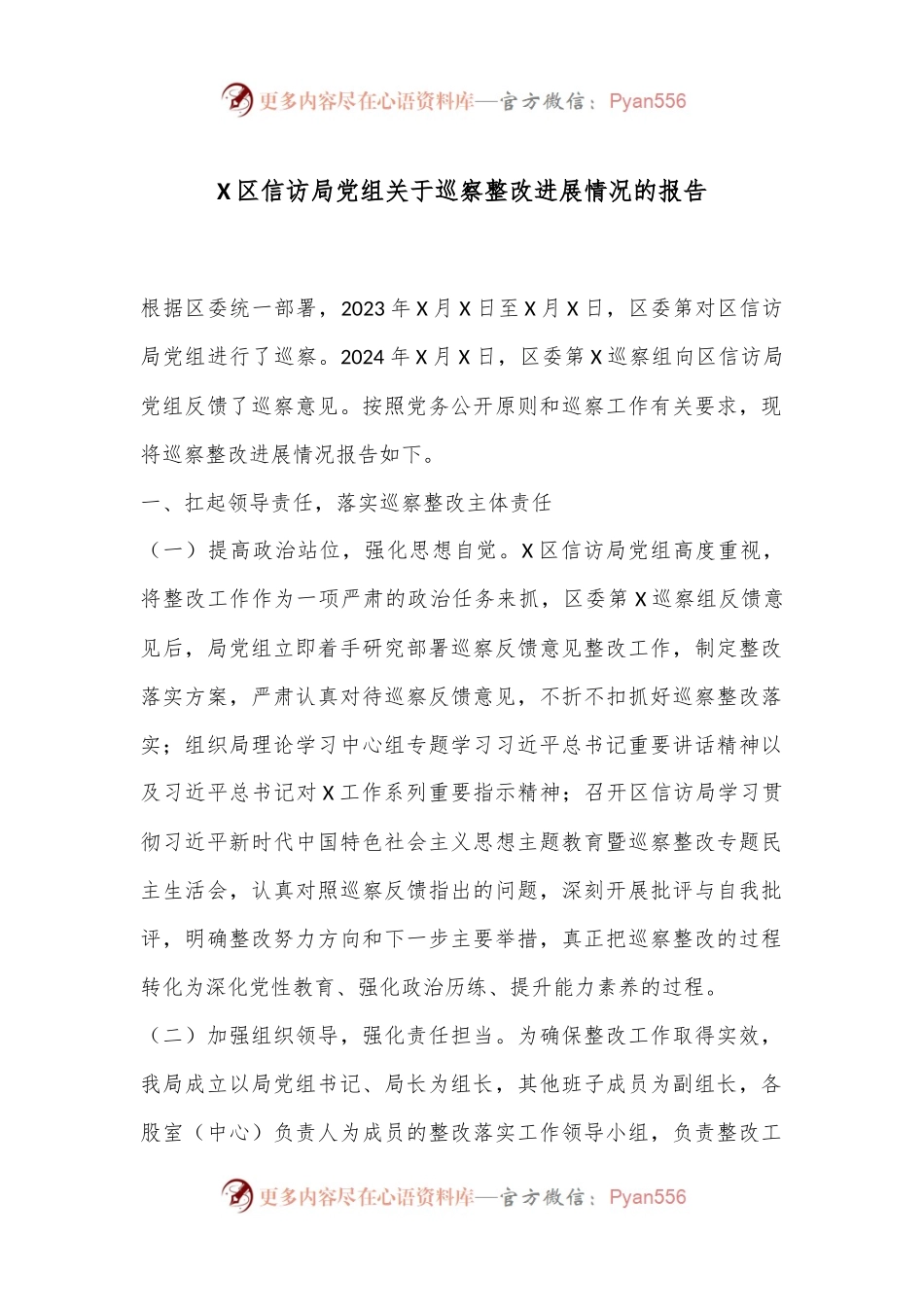 X区信访局党组关于巡察整改进展情况的报告.docx_第1页