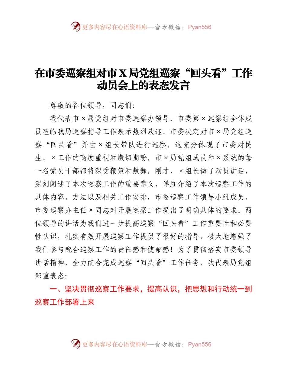 X局党组巡察“回头看”工作动员会上的表态发言.docx_第1页
