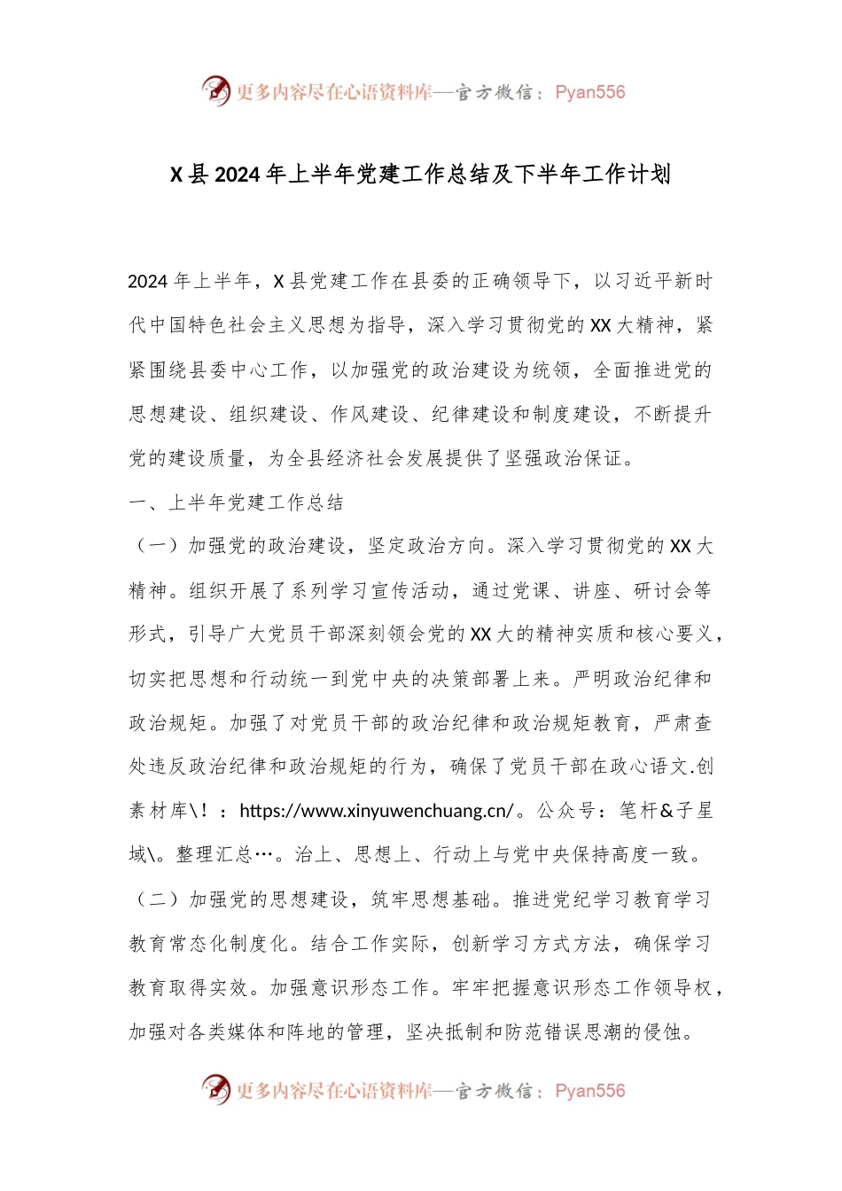 X县2024年上半年党建工作总结及下半年工作计划.docx_第1页
