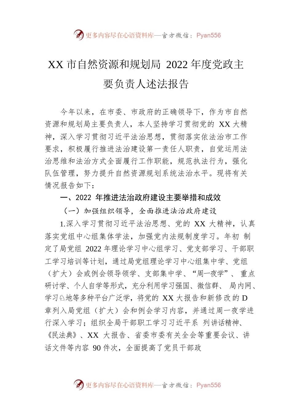 XX市自然资源和规划局2022年度党政主要负责人述法报告.docx_第1页