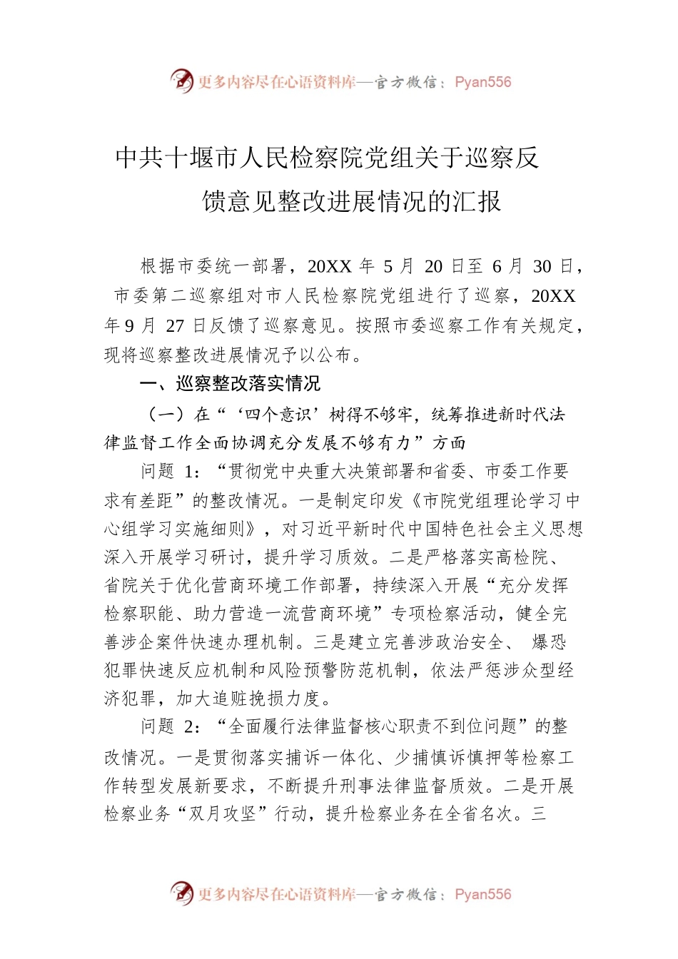 X市人民检察院党组关于巡察反馈意见整改进展情况的汇报（20220224）.docx_第1页