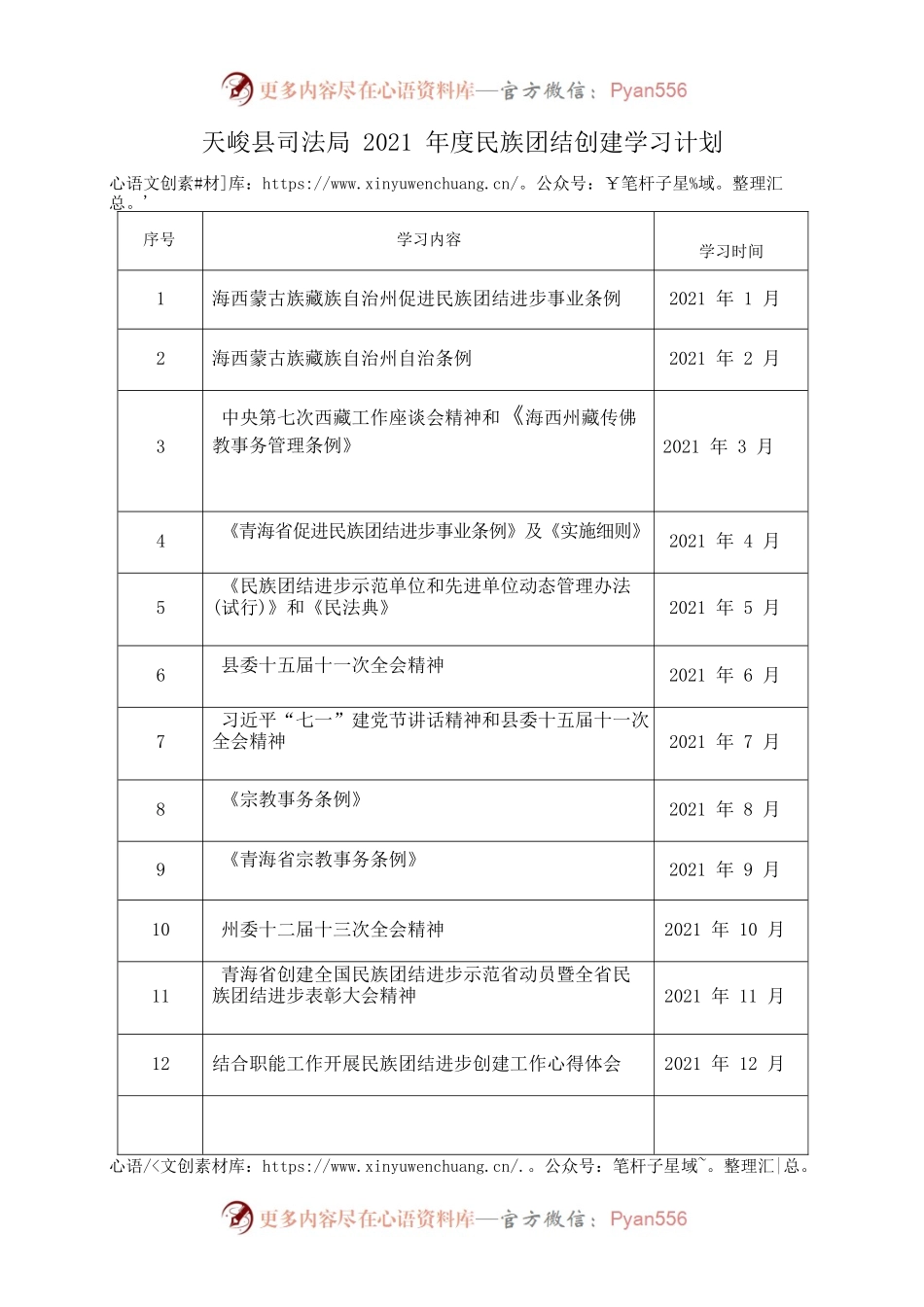 X县司局2021年度民族团结创建学习计划.docx_第1页