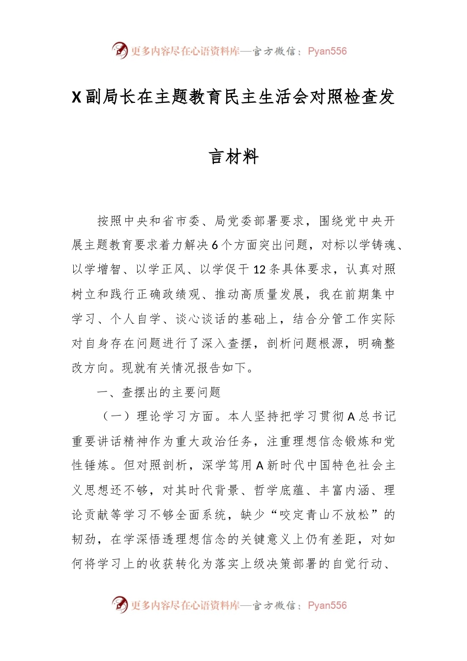 X副局长在主题教育民主生活会对照检查发言材料.docx_第1页