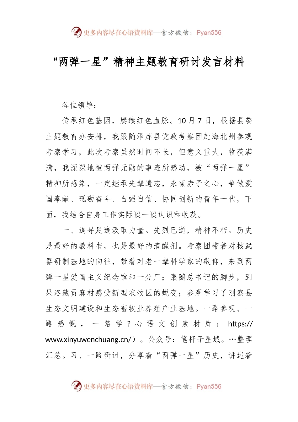“两弹一星”精神主题教育研讨发言稿材料.docx_第1页