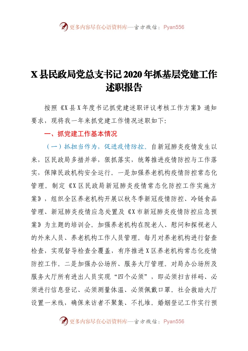 X县民政局党总支书记2020年抓基层党建工作述职报告.docx_第1页