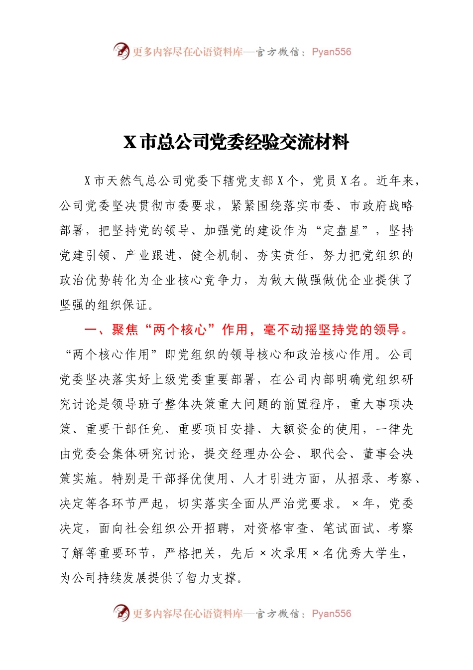 X市总公司党委经验交流材料.docx_第1页