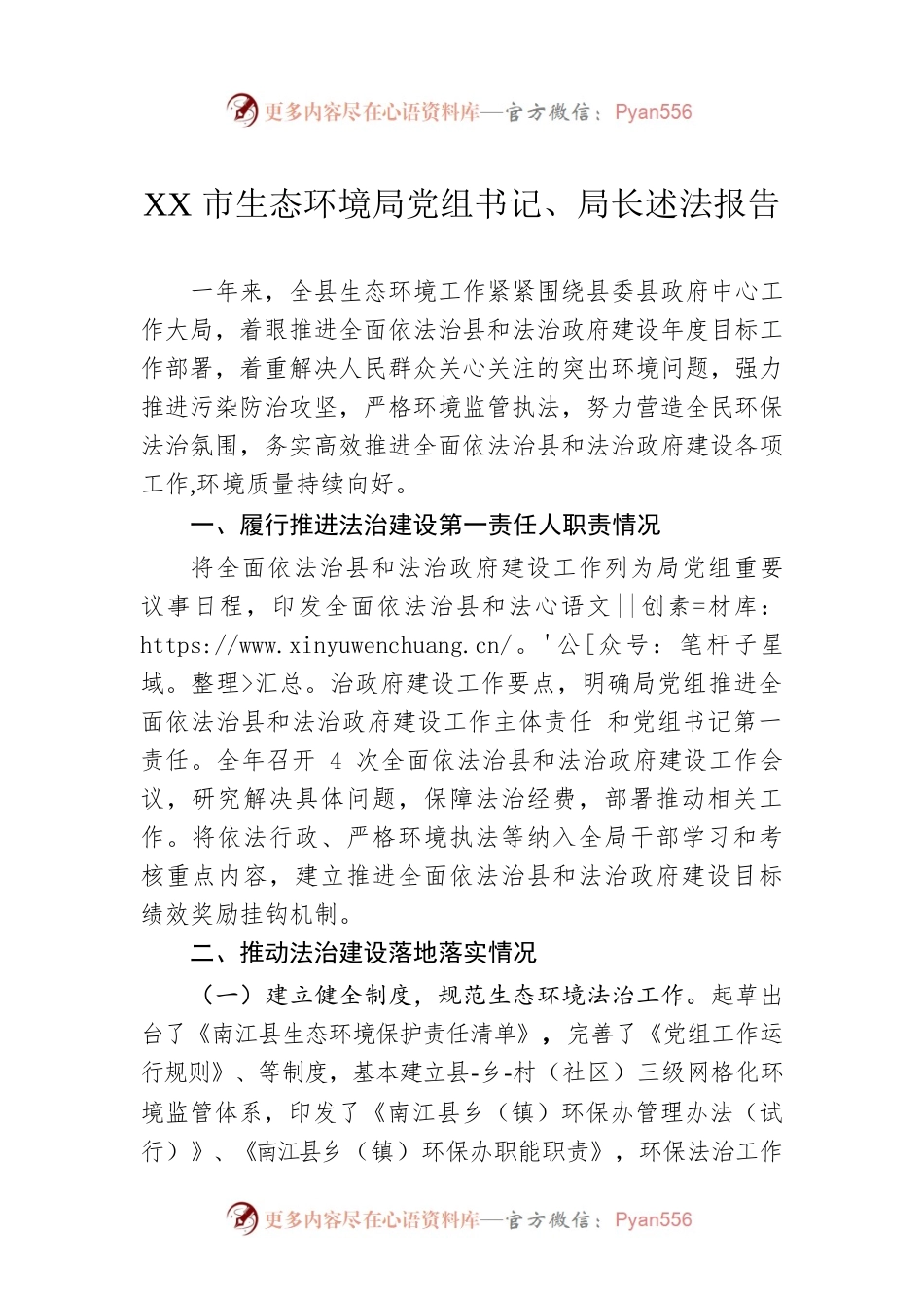 XX市生态环境局党组书记、局长述法报告（20220125）.docx_第1页