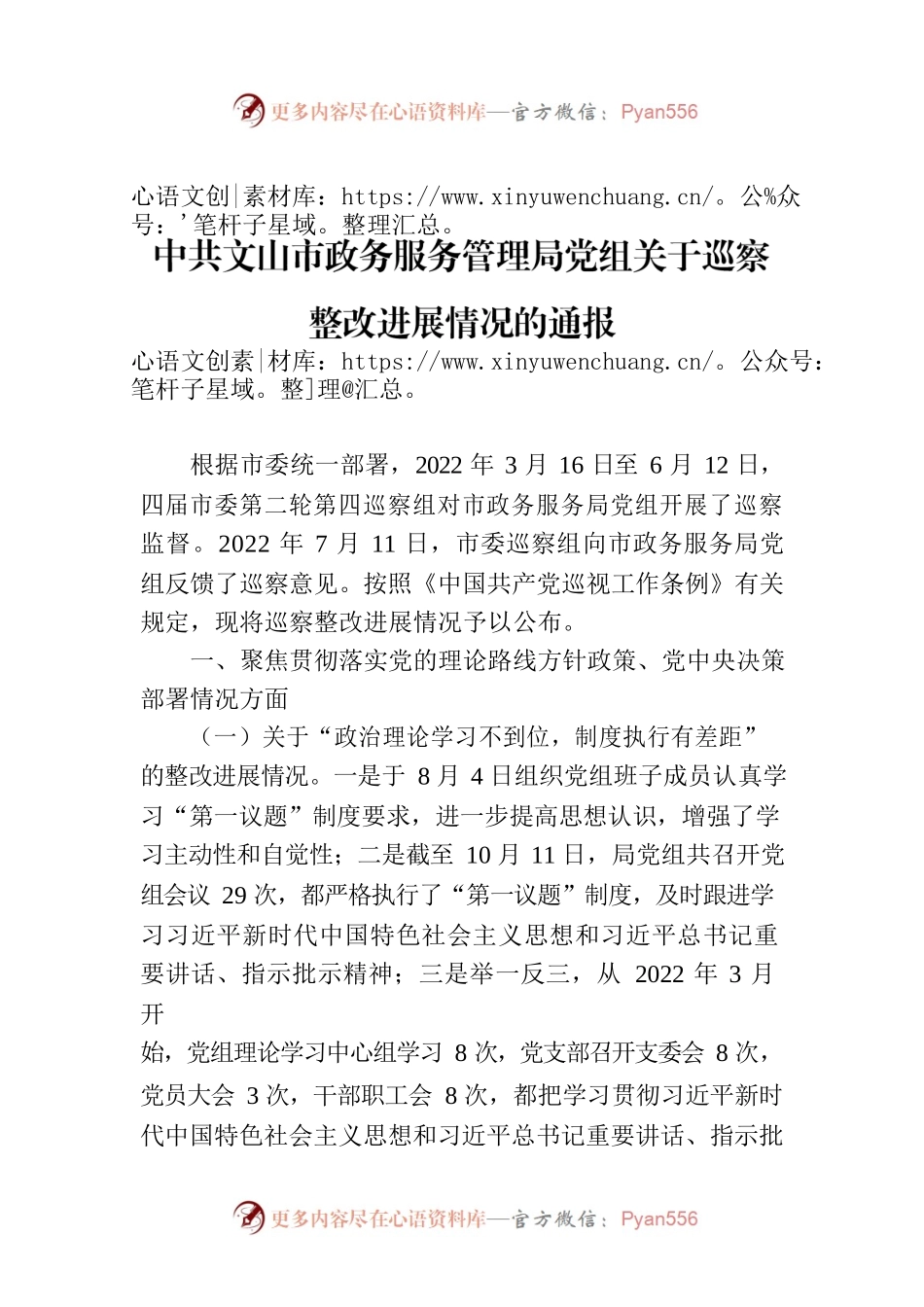 X市政务服务管理局党组关于巡察整改进展情况的通报.docx_第1页