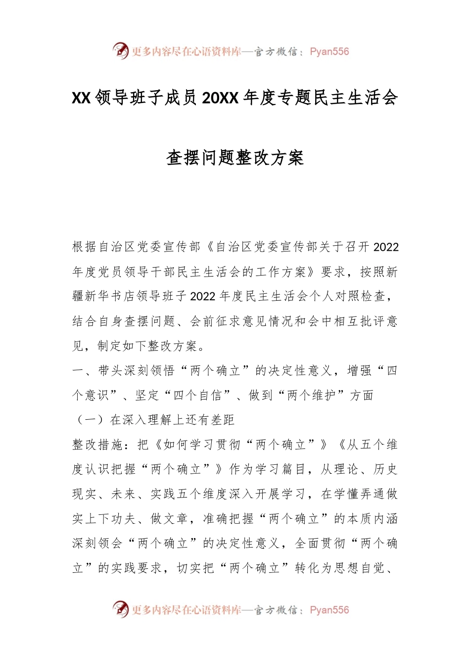 XX领导班子成员20XX年度专题民主生活会查摆问题整改方案.docx_第1页
