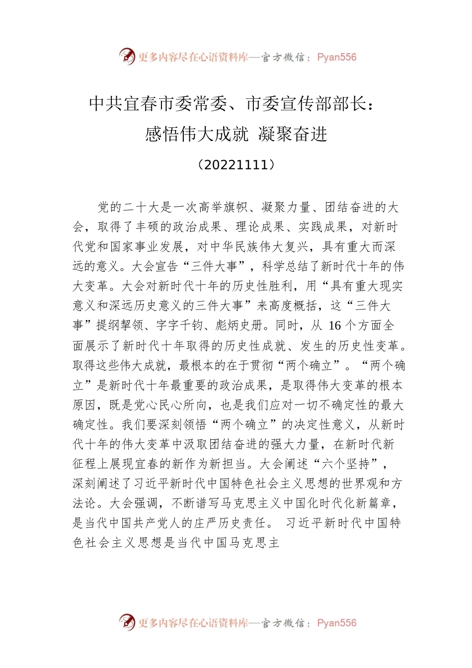 X市委宣传部部长：感悟伟大成就 凝聚奋进(20221111).docx_第1页