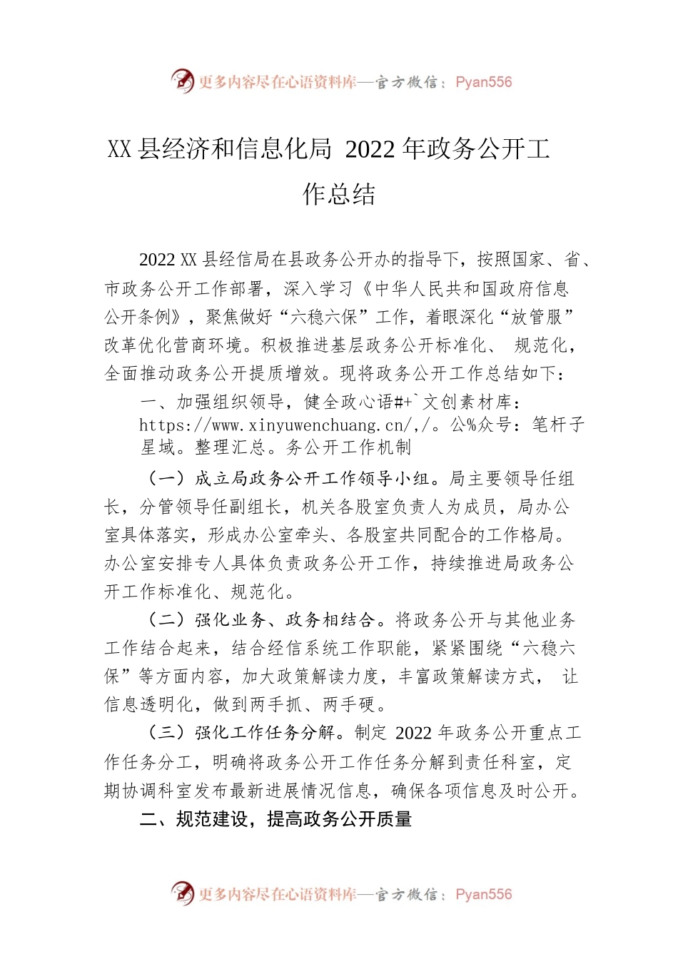 X县经济和信息化局2022年政务公开工作总结（20221218）.docx_第1页